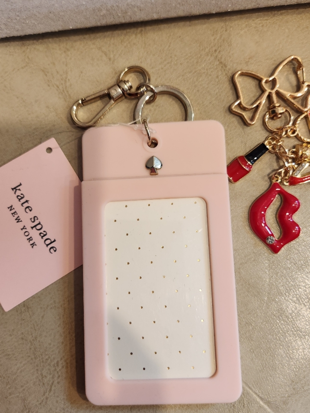 KATE SPADE Pink and Red Lip ID CLIP For Lanyard NWT W Lipstick/Bow Bag Charm - Picture 5 of 8